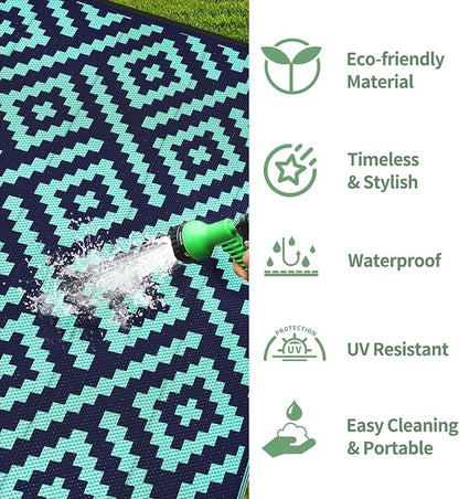 GENIMO Outdoor Rug, Waterproof Plastic Rugs for Patio, 6'x9' Blue Green | Outside Larger Modern Carpet Mat for Porch Decor, Deck, Balcony, Camping, RV, Backyard, Picnic, Beach, Reversible, Foldable