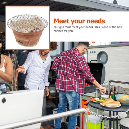 Portable Mini Charcoal Bbq Oven with Pottery Stove and Grill Net, Outdoor Korean Style Barbecue Stove for Camping and Patio Cooking, Brown Vintage Ceramic Grilling Tool Set