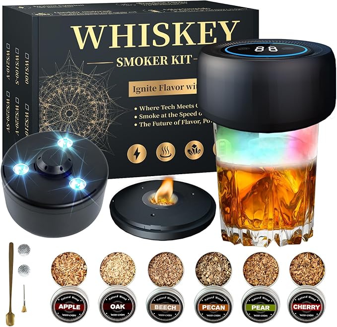Electric Whiskey Smoker Kit with Led Lights, No Butane Needed, Cocktail Old Fashioned Bourbon Drink Smoker Kit, 6 Flavors Natural Wood Chips, Bourbon Whiskey Gifts for Men, Dad, Husband