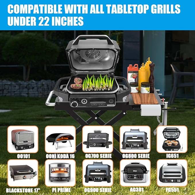 Collapsible Grill Stand for Ninja Woodfire OG701 OG800 OG900 Series & OO101 Pizza Oven Grill,Outdoor Table Cart with Side Shelf for Ninja XSKSTAND XSKUNSTAND Woodfire OG 700 Series,Foldable