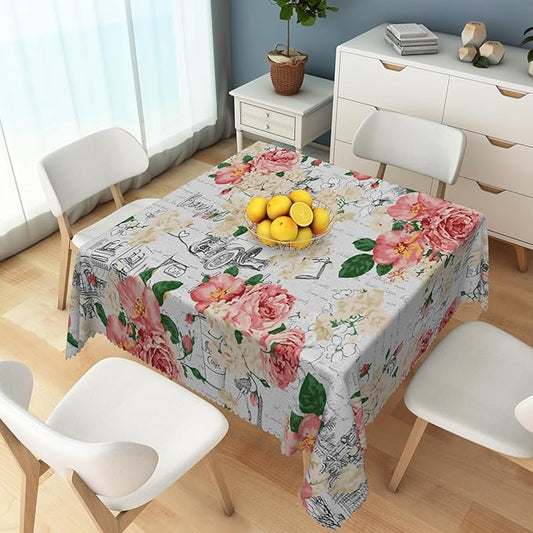 Modern Flowers Tablecloth 60x60 Inch Square Vintage Style French Flower Seasonal Washable Wrinkle Free Spill Proof Polyester Wedding Birthday Table Cover for Dining Table Farmhouse Kitchen