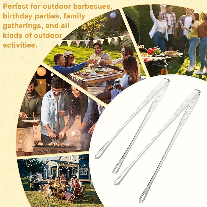 M METERXITY 2-Pack Extra Long Grill Tongs, 9.4/11 Inch Non-Slip 304 Stainless Steel Locking Tongs for Cooking/Buffet/Outdoor Barbecue, Korean BBQ Tweezers Metal Clamp Tool [Silver Tone]