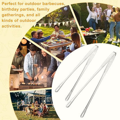 M METERXITY 2-Pack Extra Long Grill Tongs, 9.4/11 Inch Non-Slip 304 Stainless Steel Locking Tongs for Cooking/Buffet/Outdoor Barbecue, Korean BBQ Tweezers Metal Clamp Tool [Silver Tone]