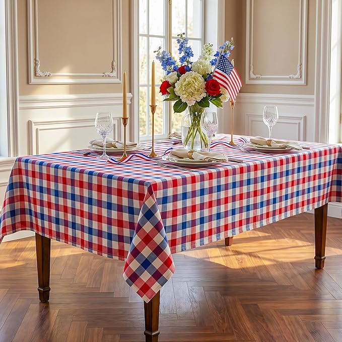 Patriotic Waterproof Tablecloth - Red, White & Blue Buffalo Plaid Table Cover, Stain-Resistant & Washable, Indoor & Outdoor Picnic Tablecloth for 4th of July, Memorial Day, W60 x L144 inch