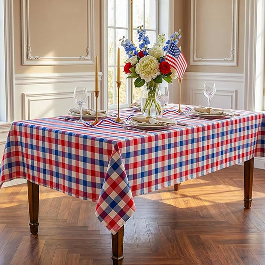 Patriotic Waterproof Tablecloth - Red, White & Blue Buffalo Plaid Table Cover, Stain-Resistant & Washable, Indoor & Outdoor Picnic Tablecloth for 4th of July, Memorial Day, W60 x L84 inch