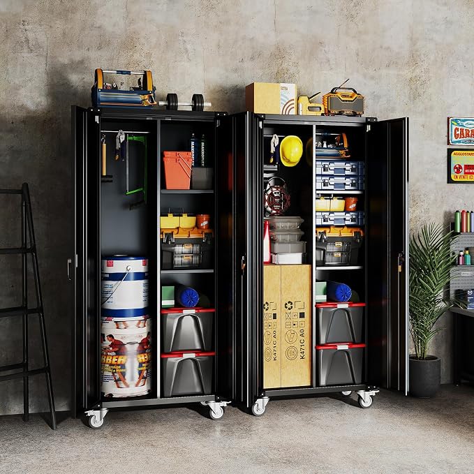 DUMOS 72 Inch Garage Storage Cabinet, Tool Organizer, Lockable File Cabinet | Tall Rolling Metal Steel Frame Storage with Lockable Wheels and Adjustable Shelves, Fits Home Office Warehouse, Black