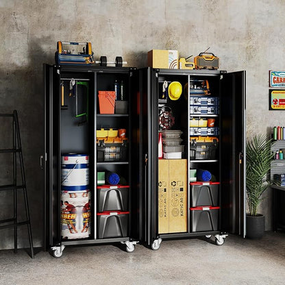 DUMOS 72 Inch Garage Storage Cabinet, Tool Organizer, Lockable File Cabinet | Tall Rolling Metal Steel Frame Storage with Lockable Wheels and Adjustable Shelves, Fits Home Office Warehouse, Black
