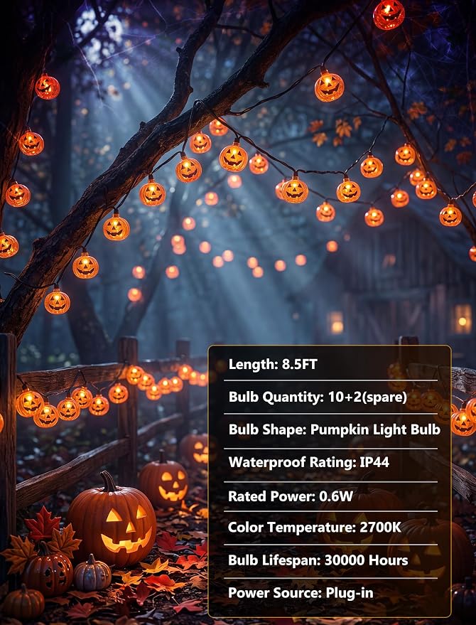 8.5Ft Halloween Pumpkin String Lights, 10 LED Jack-O-Lantern Lights | IP44 waterproof, UL-Listed, 8in Bulb Spacing, End-to-end Connectable, for Home Party Porch Patio Garden Halloween Decor