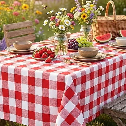 B-COOL Buffalo Plaid Table Cloth Fabrics - Checkered Tablecloth Spring Valentines Day Rectangle Red and White Checkered Table Covers for Picnic, Birthday, Christmas Indoor Outdoor Party 56 x 120 Inch