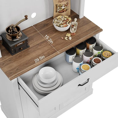 GarveeHome Kitchen Pantry Cabinet, 71 in Tall Kitchen Hutch Storage Pantry with Microwave Stand, Freestanding Buffet with Shelves and Glass Doors for Home Dining Room, White