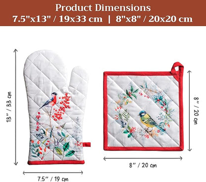 Maison d' Hermine 100% Cotton Oven Mitt & Pot Holder Set (7.5"x13" & 8"x8") Heat Resistant BBQ Cooking Gloves with Loop for Thanksgiving Christmas Decorations Handling Hot Pans (Morzine)