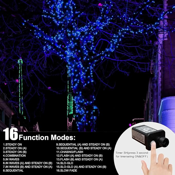 33FT 100 LED Blue Christmas Lights,16 Modes Connectable Fairy String Lights, Plug in Indoor Outdoor Blue Lights for Xmas Tree, Party, Garden, Hanukkah, Independence Day Patriotic Patio Decor