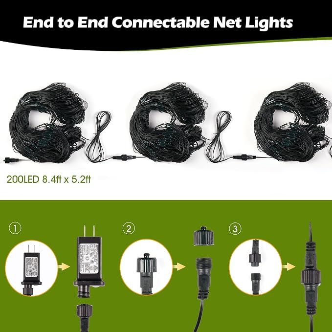 BlcTec Outdoor Christmas Lights 200 LED 8.4ft x 5.2ft Christmas Net Lights with 8 Modes, UL Certified, Timer, Connectable, Waterproof for Trees, Bushes, Shrubs, Yard Outdoor Xmas Decorations, Green