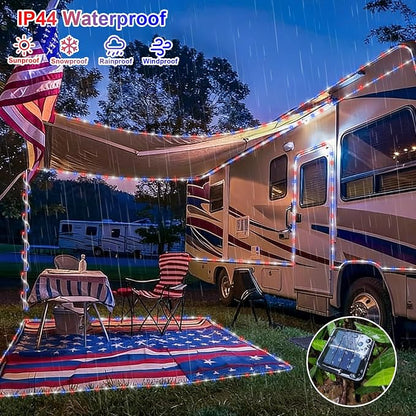 QITONG Red White Blue Solar Rope Lights, 2 Pack Each 33ft 100 LED Patriotic String Lights Outdoor, 8 Modes Fairy Lights in Clear Thin Tube for Independence Memorial Day Decor