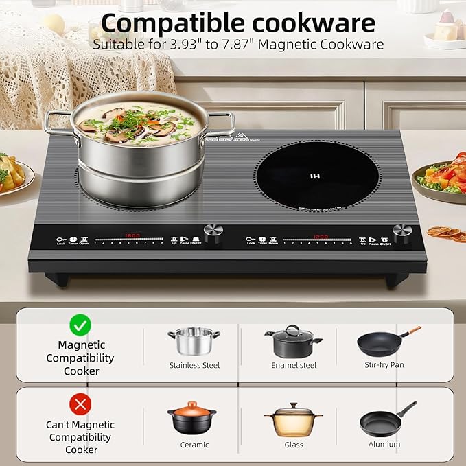 2 burner induction cooktop,110V 3000W 2 burner induction plate with Brushed Panel LED Knob Control, induction stove top with 9 Power Levels, Kids Lock & Timer,24 Inch double induction cooktop