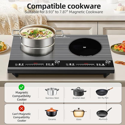 2 burner induction cooktop,110V 3000W 2 burner induction plate with Brushed Panel LED Knob Control, induction stove top with 9 Power Levels, Kids Lock & Timer,24 Inch double induction cooktop