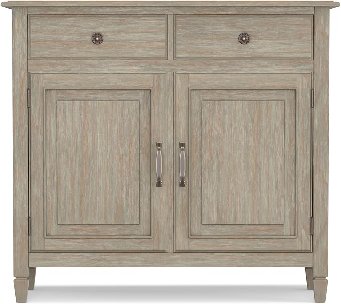 SIMPLIHOME Connaught 40" Wide Solid Wood Cabinet in Distressed Grey | Traditional slim entryway and living room organizer for hats, gloves, shoes and keys with space-saving storage design.