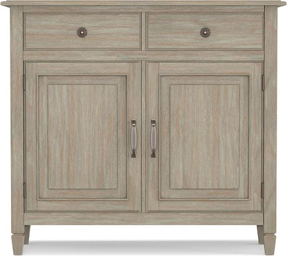 SIMPLIHOME Connaught 40" Wide Solid Wood Cabinet in Distressed Grey | Traditional slim entryway and living room organizer for hats, gloves, shoes and keys with space-saving storage design.