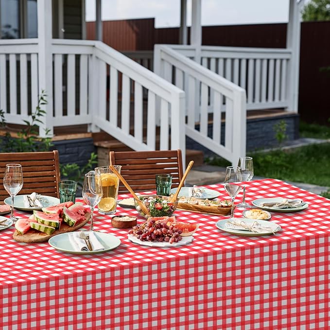 6 Pcs Red Gingham Tablecloths, Checkered Party Table Covers 54x108 Inch | Red and White Checkered Tablecloths, Disposable Plastic Waterproof for Hot Dog Party Picnic Camping Barbecue Birthday Party