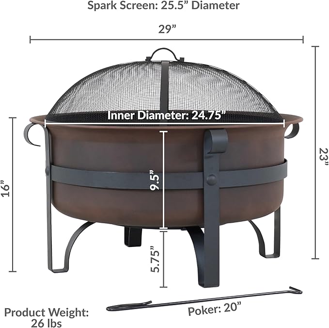 Sunnydaze Cauldron Wood-Burning Outdoor Fire Pit for Patio and Backyard - Round Steel Outside Firepit Bowl with Cover, Removable Ash Pan, Spark Screen, and Poker Tool - Dark Bronze - 29"