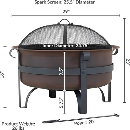 Sunnydaze Cauldron Wood-Burning Outdoor Fire Pit for Patio and Backyard - Round Steel Outside Firepit Bowl with Cover, Removable Ash Pan, Spark Screen, and Poker Tool - Dark Bronze - 29"