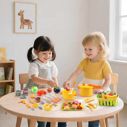 120Pcs Mini Play Kitchen Accessories, Kids Pretend Cooking Playset with Desserts, Cuttable Veggies & BBQ & Storage Basket, Educational Role-Play Gift for Toddlers, Child, Yellow