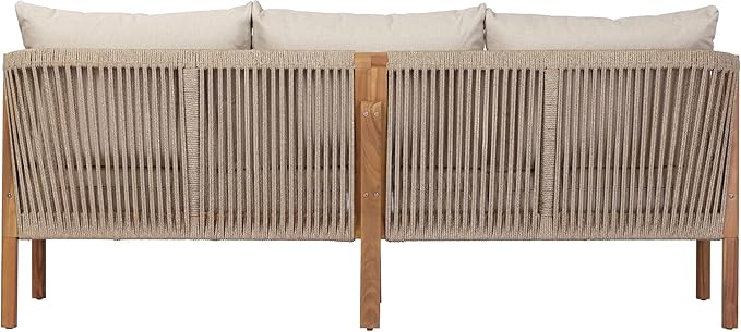 Christopher Knight Home Bubi Acacia Wood Outdoor 3 Seater Sofa with Cusion, Solid Wood Patio Sofa with Woven Rope Accents, Comfy Lounge Sofa for Patio Furniture Set, Teak+Beige