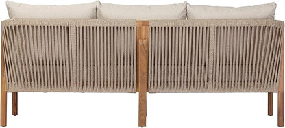 Christopher Knight Home Bubi Acacia Wood Outdoor 3 Seater Sofa with Cusion, Solid Wood Patio Sofa with Woven Rope Accents, Comfy Lounge Sofa for Patio Furniture Set, Teak+Beige