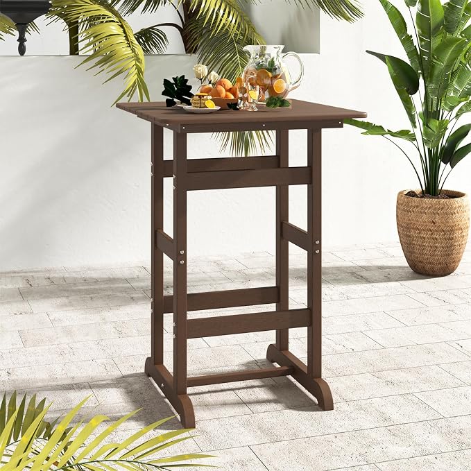 GIANTEX 42" Height Outdoor Tall Bar Table, HDPE Square Pub Tables with Wood Grains, High Top, Cocktail Bistro Table for Adirondack Chairs, Patio, Garden, Poolside, Yard, Balcony, Brown