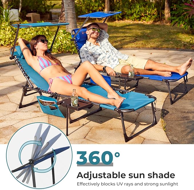 FUNDANGO 4 in 1 Tanning Chair with Face Hole, Beach Lounge Chair with Canopy Shade & Side Table Chaise Lounge Chairs for Patio, Pool, Lawn, Sunbathing, 5-Position Adjustable Sun Lounger, Blue