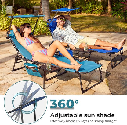 FUNDANGO 4 in 1 Tanning Chair with Face Hole, Beach Lounge Chair with Canopy Shade & Side Table Chaise Lounge Chairs for Patio, Pool, Lawn, Sunbathing, 5-Position Adjustable Sun Lounger, Blue