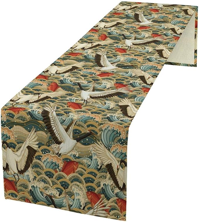 Japanese Crane Table Runner Oriental Vintage Asian Chinese Red-Crowned Crane Birds Koi Fish Traditional Dinner Runner for Home Kitchen Dining Table Holiday Party 13x108in