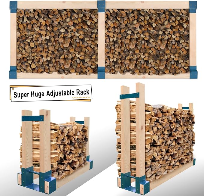 MOFEEZ Outdoor Firewood Log Storage Rack 2x4 Bracket Kit, Fireplace Wood Storage Holder, Adjustable to Any Length - Dark Blue, Two Bases