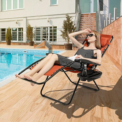 Giantex Zero Gravity Reclining Chair, Outdoor Patio Recliner with Cup Holder & Removable Pillow, Adjustable Backrest, Indoor Lounge Chair for Backyard, Garden, Poolside (Orange)