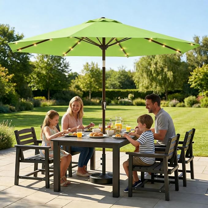 10FT Solar Lighted Patio Umbrella, Outdoor Table Market Umbrellas with Push Button Tilt and Crank, 32 LED Lights, 8 Sturdy Ribs, UV-Resistant for Deck, Garden, Pool