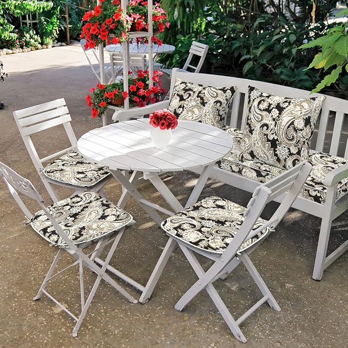DYTXIII Set of 4 Outdoor Chair Cushions with Ties,Water Repellent Patio Chair Pads 17"x 16" for Outdoor Furniture,Round Corner Seat Cushions for Garden Yard Kitchen Paisley Black