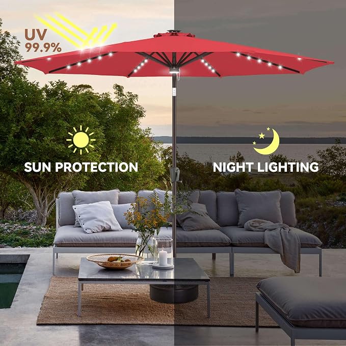 Solar Patio Umbrella with Centre Light, 9 ft Red | 40 LED Lights, UV Protection, Solar Outdoor Umbrella for Porch, Deck, Pool, Table, Garden, Provides Evening Lighting