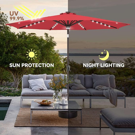 Solar Patio Umbrella with Centre Light, 9 ft Red | 40 LED Lights, UV Protection, Solar Outdoor Umbrella for Porch, Deck, Pool, Table, Garden, Provides Evening Lighting