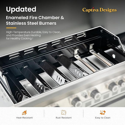 Captiva Designs 6-Burner Propane Gas BBQ Grill with Side Burner & Porcelain-Enameled Cast Iron Grate and Plate for Outdoor Barbucue Events, 52,000 BTU Output,740 SQ.IN. Cooking Area，Heavy Duty