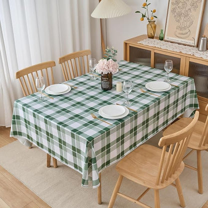 NLMUVW Vinyl Tablecloth with Flannel Backing 8ft Rectangle, 100% Waterproof PVC Table Cloth Wipe Clean Table Cover for Dining Party Camping Outdoor, Green Check, 60 X 120 Inch