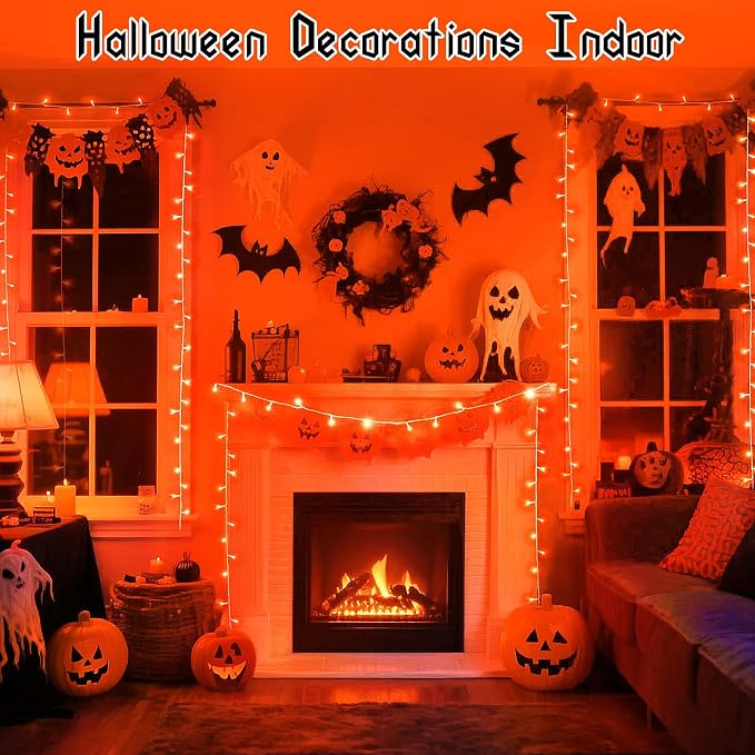Orange Lights for Halloween Battery Operated with Timer Waterproof Total 100LED 33ft for Halloween Decorations 16.4Ft*2, 50LED*2 Outdoor Indoor for Halloween Decor
