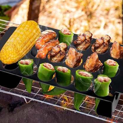 18 Hole Black Jalapeno Grill Rack for Chili, Stainless Steel Barbecue Chili Peppers Grill Rack with Handle, Jalapeno Popper Stand for BBQ Smoker or Oven (Black)