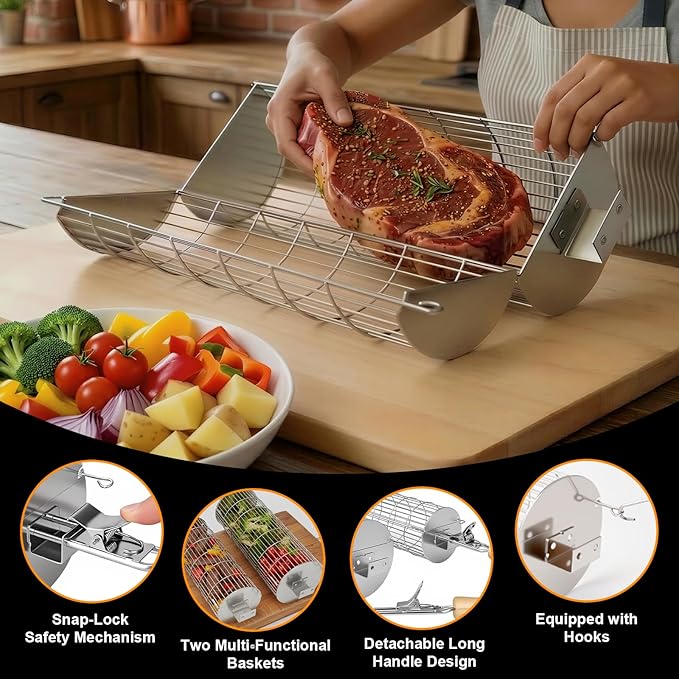 TNTOR Rolling Grill Basket, Larger 304 Stainless Steel Nesting Grilling Net, Removable Handle, BBQ Accessories Tools for Veg Shrimp, Outdoor Cooking Camping Father's Day grilling gifts for men Dad