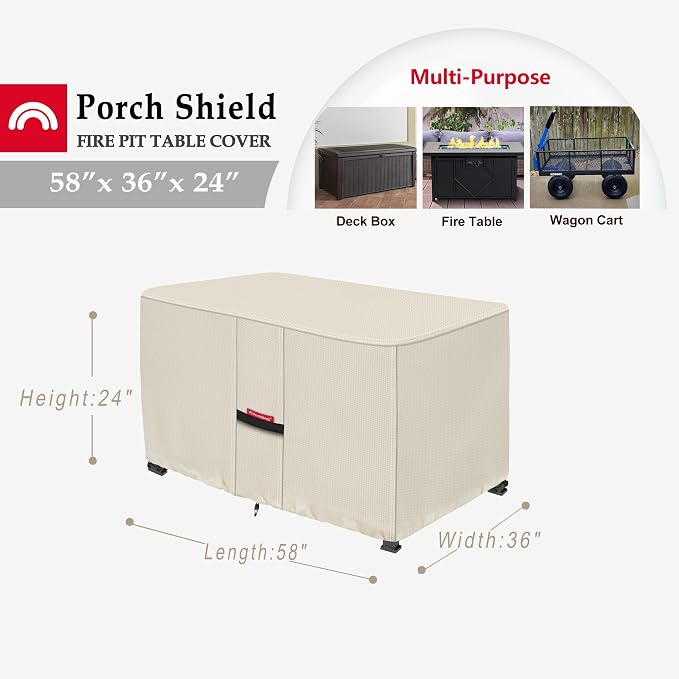 Porch Shield Patio Fire Pit Cover - Waterproof 600D Outdoor Rectangular Gas Fire Table Cover Deck Box Protector - 58 x 36 inch, Beige