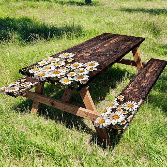 Picnic Table Cover with Bench Covers Elastic Edges, Wooden Board Daisy Fitted Table Cover, Outdoor Patio Camping Essentials 3PCS, Waterproof Camping Fitted Tablecloth with Drawstring Bag 96in
