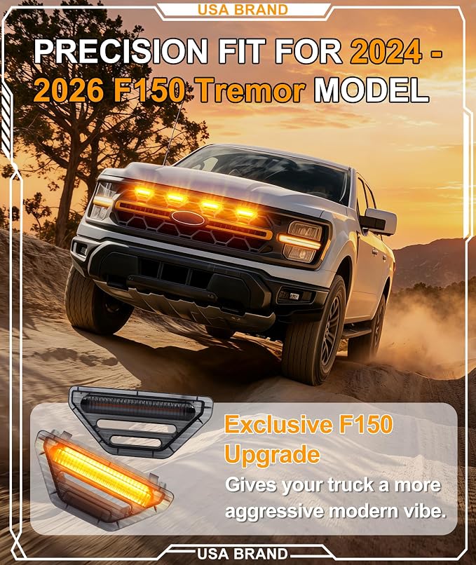 LED Grill Lights for Ford F150 2024-2026 Accessories Tremor Only, Amber | Direct-Snap F150 Front Grille Marker Lights, OEM-Style Fit, IP68 Waterproof, Raptor-Style Front-End Upgrade, Off-Road Ready