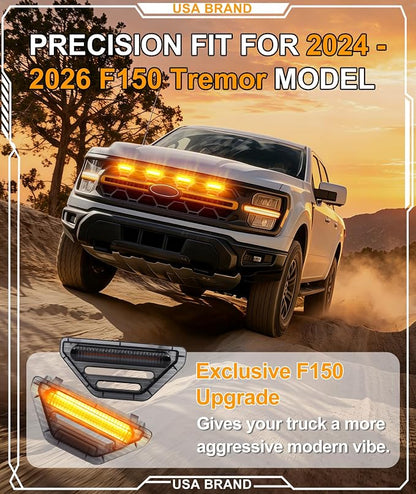 LED Grill Lights for Ford F150 2024-2026 Accessories Tremor Only, Amber | Direct-Snap F150 Front Grille Marker Lights, OEM-Style Fit, IP68 Waterproof, Raptor-Style Front-End Upgrade, Off-Road Ready