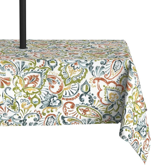 LVTXIII Rectangle Outdoor Tablecloth with Umbrella Hole and Zipper, Water-Repellent 60 x 84 Inch Patio Table Cover for Picnic, Garden, Backyard Dining, Paisley Botanical