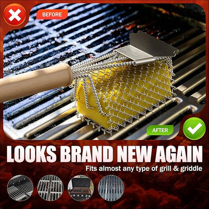 Bristle-Free Grill Brush with Scraper - Safe Steam Clean BBQ Brush with 18" Heat-Resistant Handle, 304 Stainless Locked-Core Mesh Head & HD Scraper | No Loose Wires Design | Grill Grate Cleaner Tool
