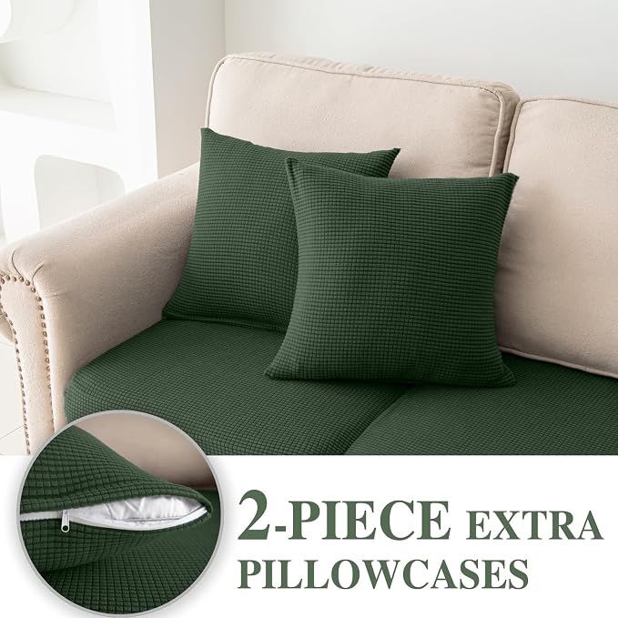 LA MEACK Couch Cushion Covers for Sectional Sofa L Shape Washable Separate Seat Chaise Couch Cover Stretch Sofa Slipcovers with 2 Pcs Pillowcases(2 Seater + 1 Chaise, Green)
